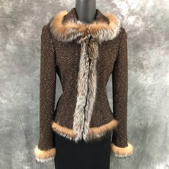 NEW St John couture fur knit brown suit jacket 2 - Picture 2 of 7